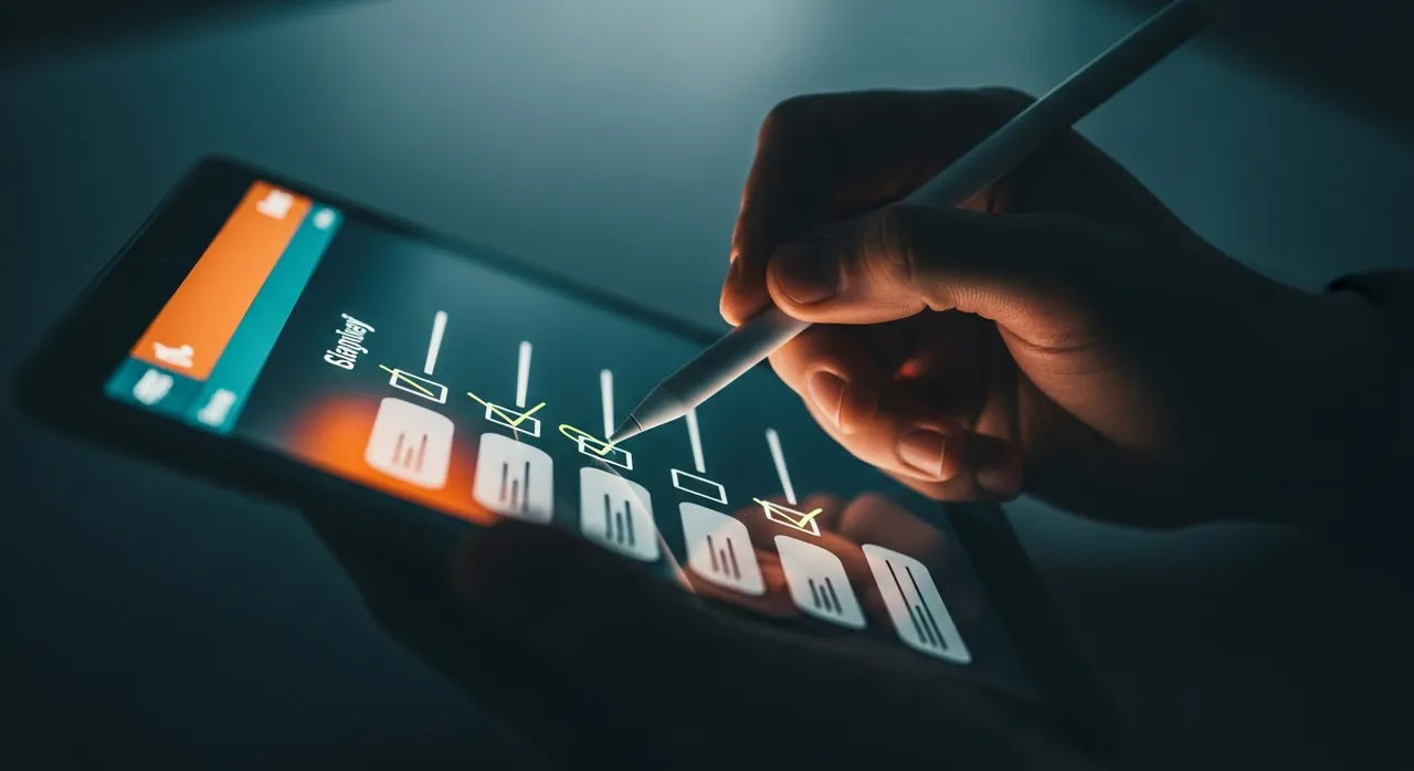 Person checking off items on a glowing digital checklist representing daily consistency