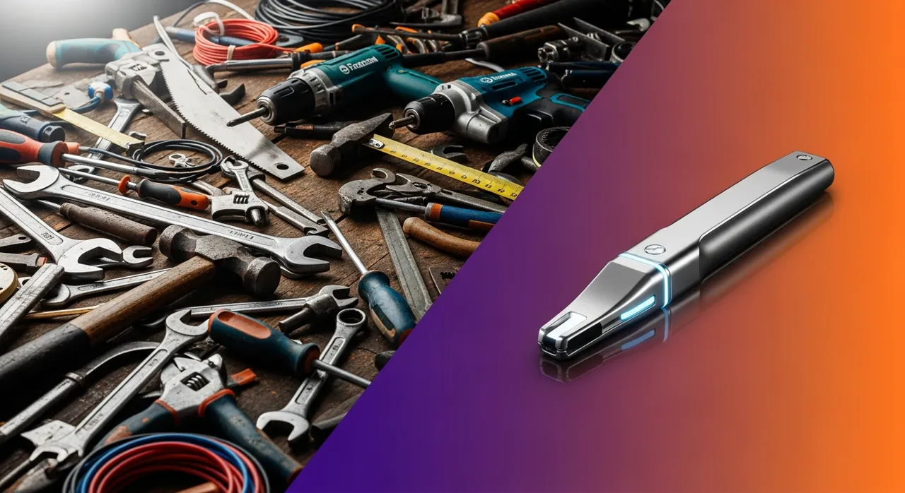 Split image comparing cluttered tools versus a single sleek glowing tool